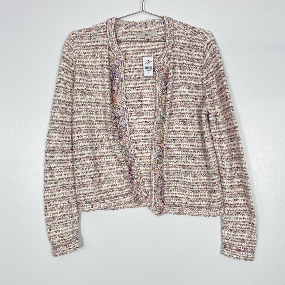 Loft Blazer Womens Medium White Multi Boucle Open Front Knit Cardigan Jacket